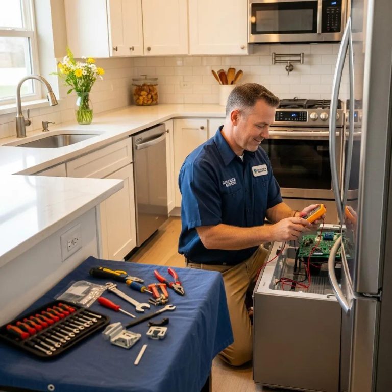 Technician repairing a refrigerator in a cozy kitchen, highlighting appliance repair services in Toronto