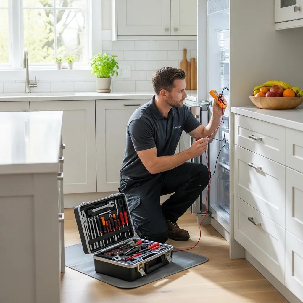 Technician repairing a refrigerator in a modern kitchen, emphasizing same-day fridge repair services