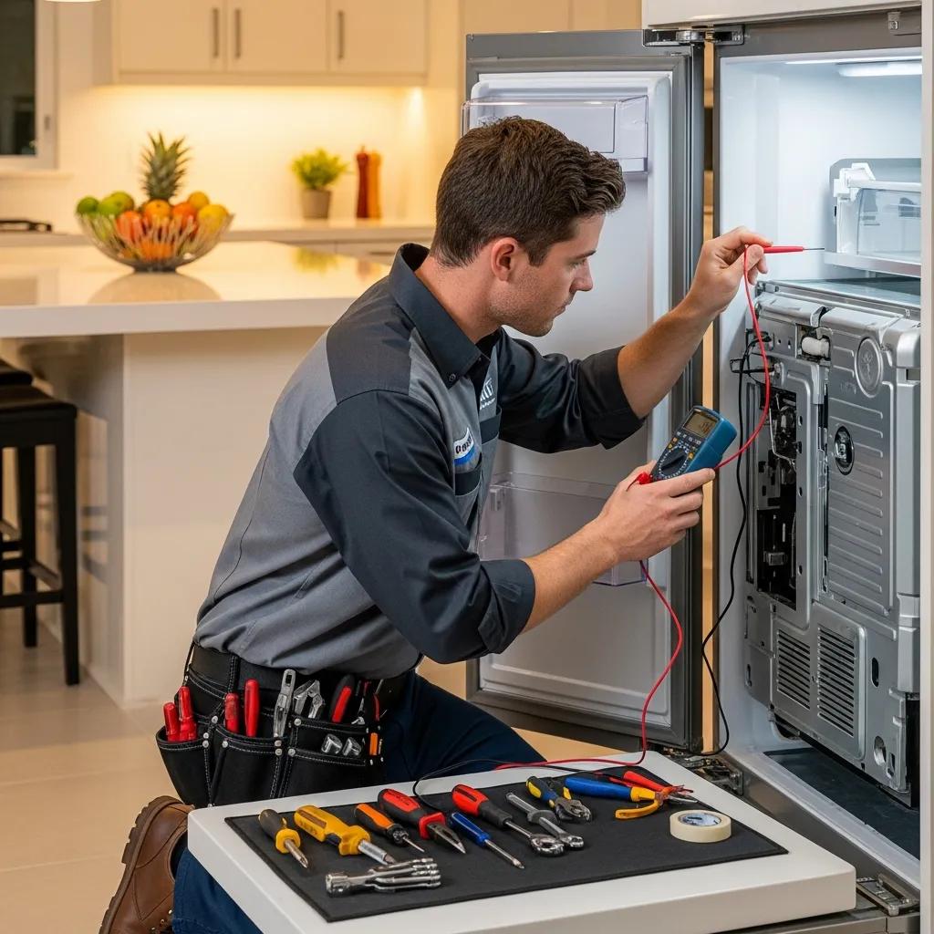 Technician repairing a refrigerator in a modern kitchen, highlighting appliance repair expertise