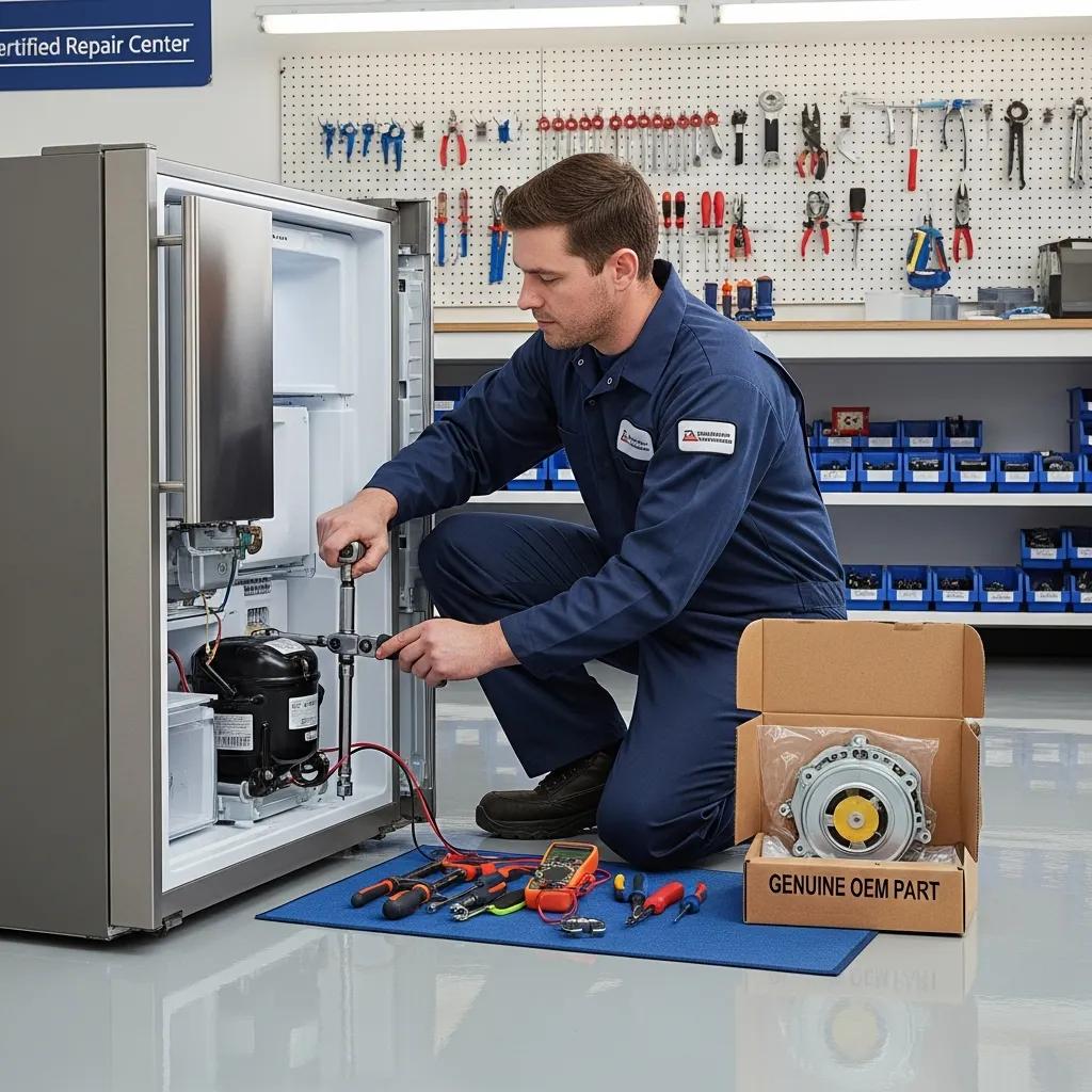 Technician repairing an appliance with genuine OEM parts in a clean workshop setting