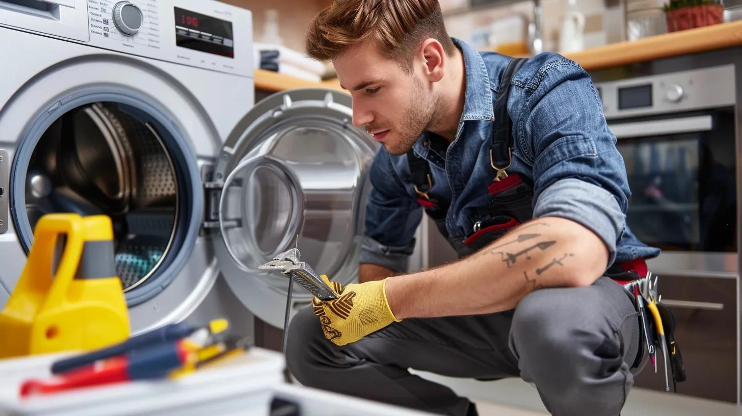 Certified technician from Appliance Expert repairing a washing machine, showcasing professionalism and expertise