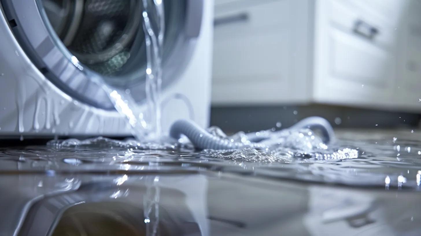 Washing machine with visible water leakage and damaged hoses