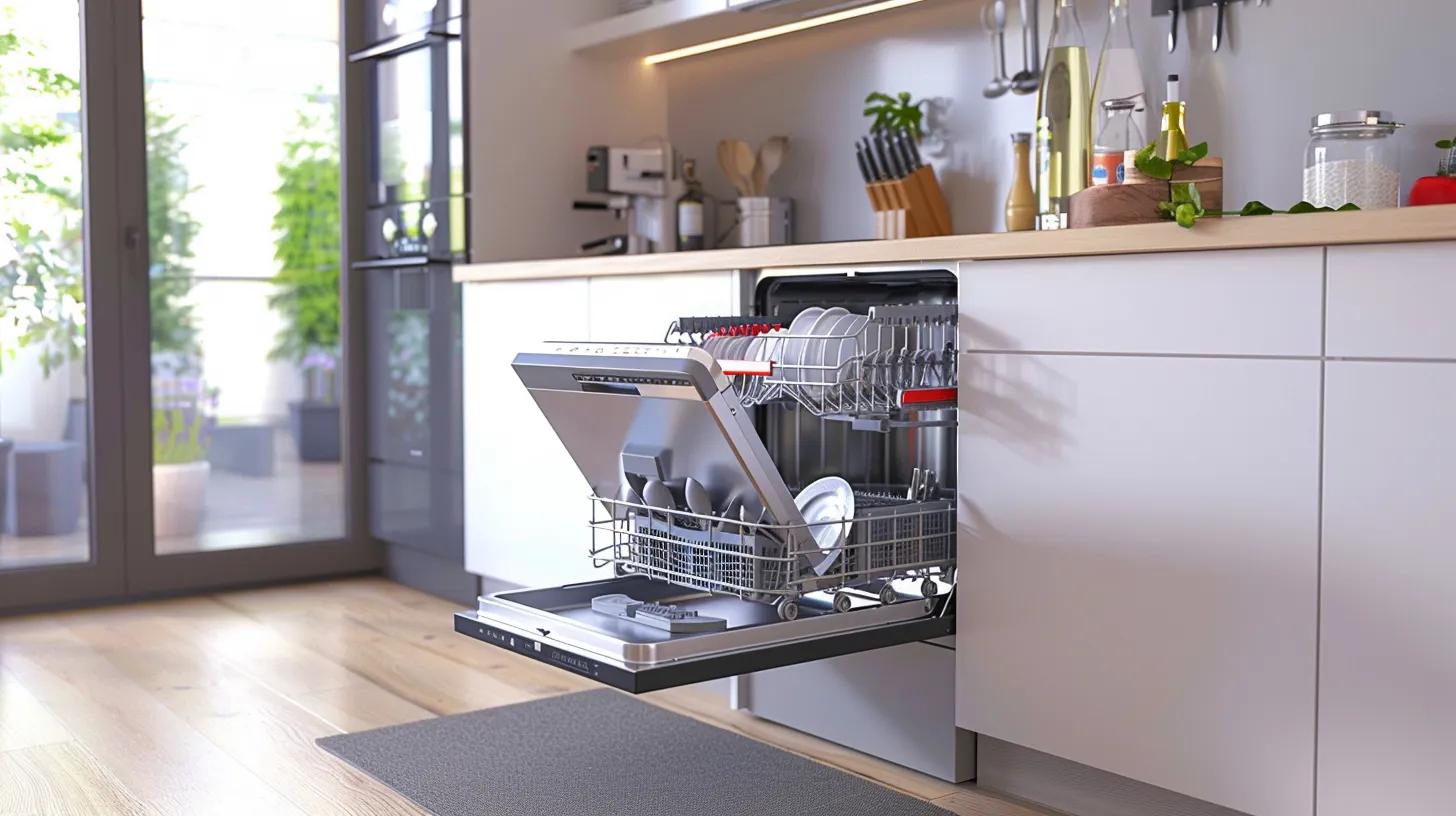 Modern kitchen with an open dishwasher and cleaning tools, emphasizing home maintenance