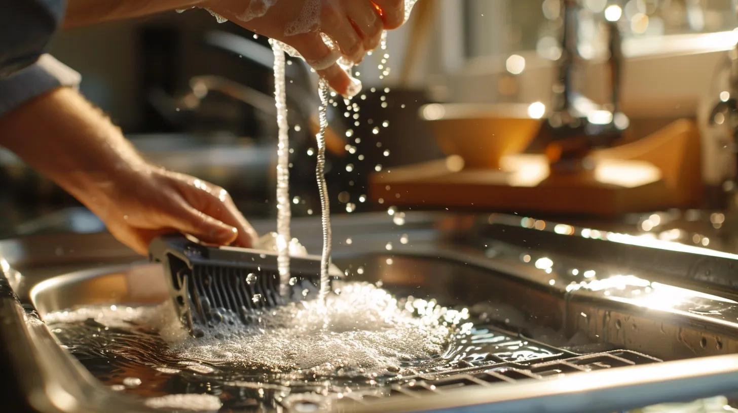 Homeowner cleaning a dishwasher filter in a sink, illustrating safe maintenance practices