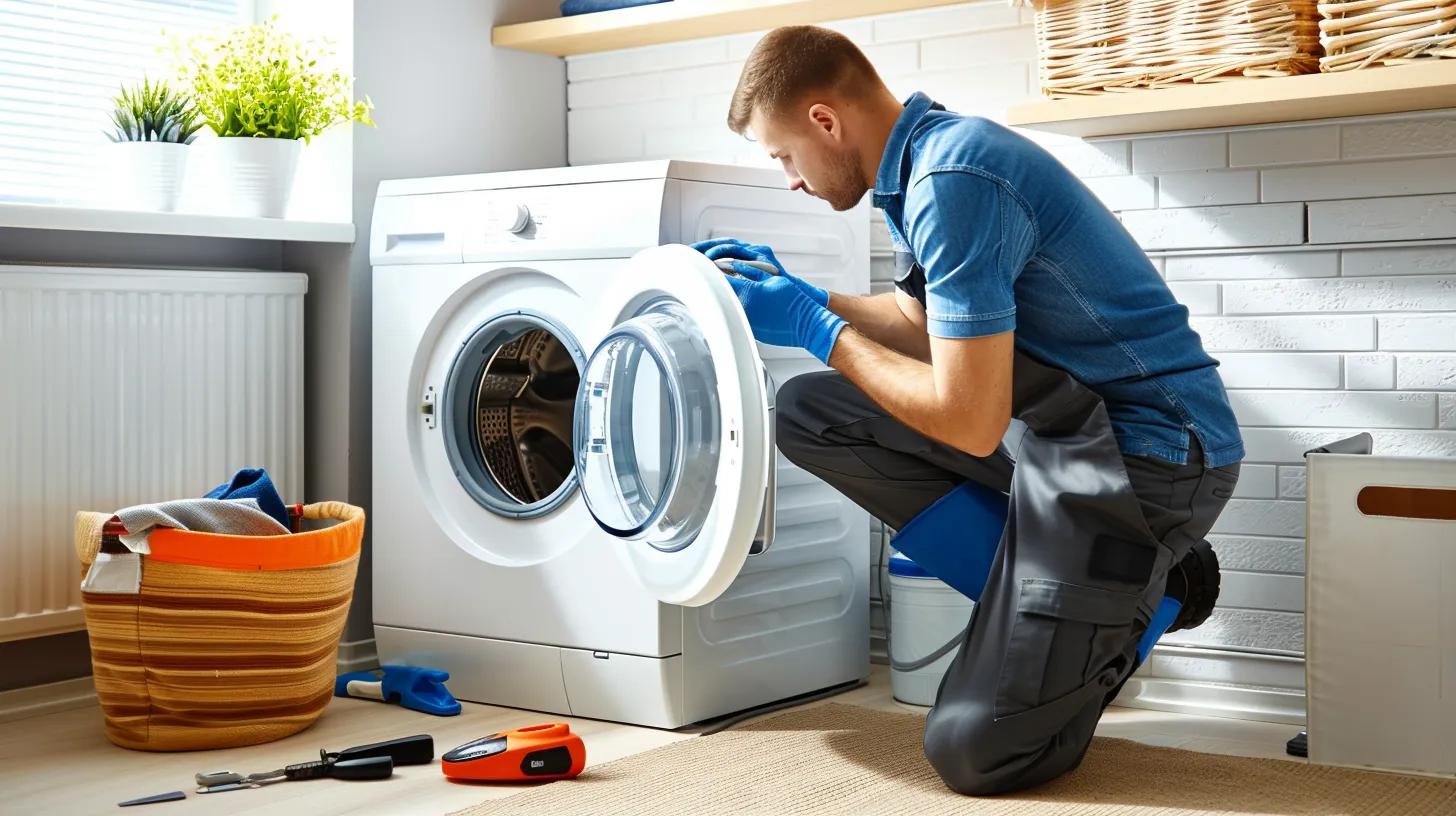 Professional technician repairing a washing machine in a modern home setting