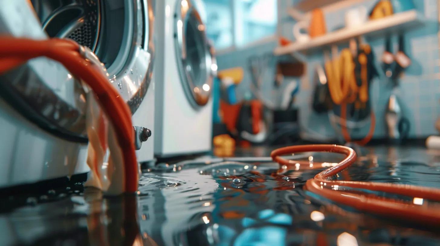 Close-up of a washing machine showing water leakage and damaged hoses