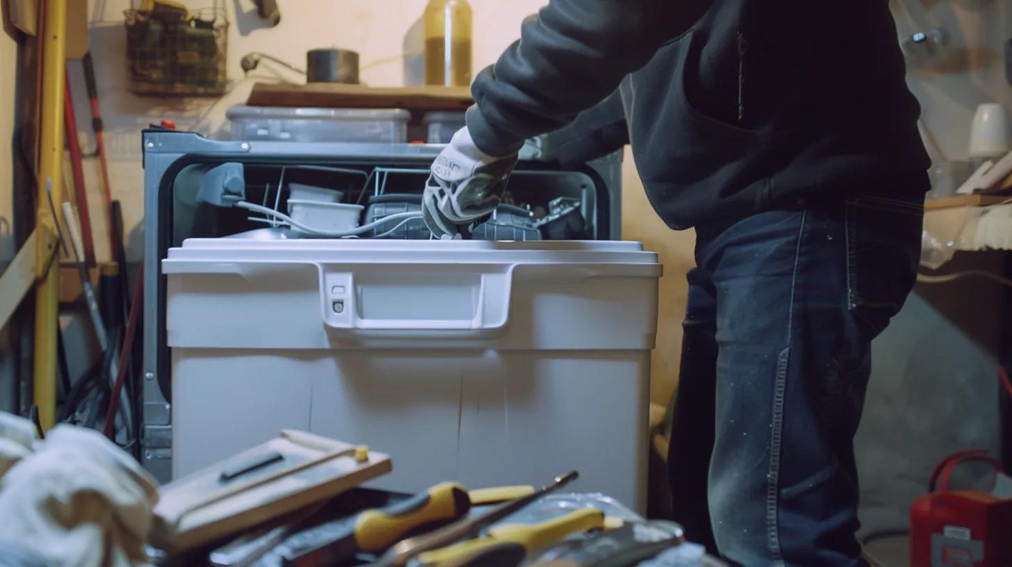 Technician inspecting a chest freezer, focusing on compressor and condenser coils for repair services