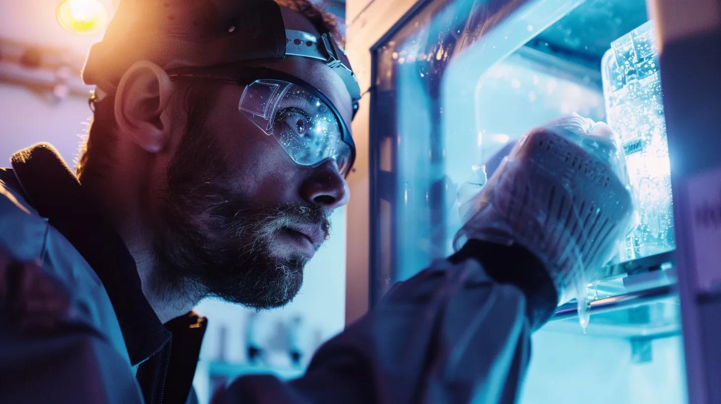 Technician examining a freezer for troubleshooting, focusing on frost buildup and door seals