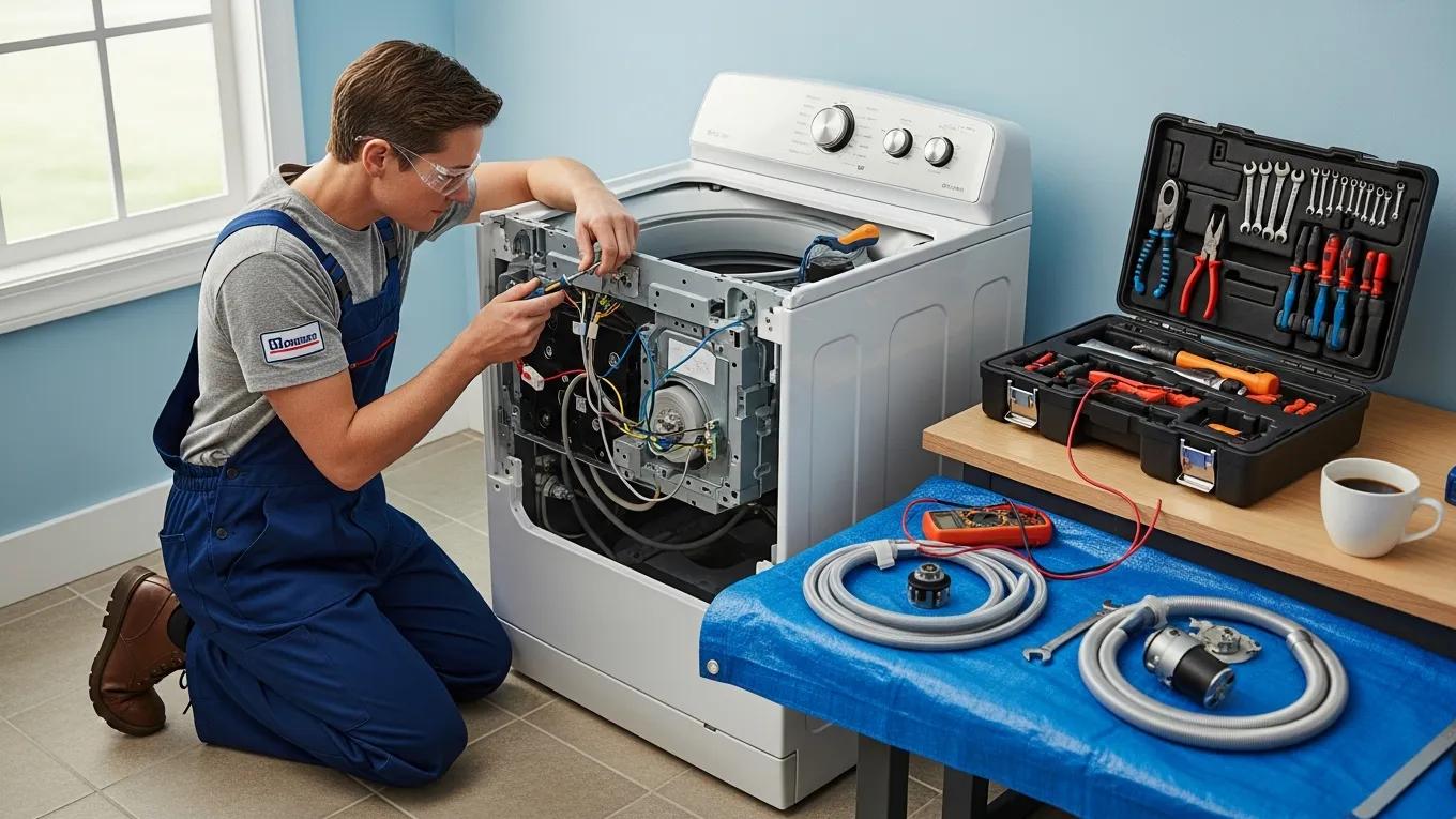 Appliance repair technician working on a washing machine in a home laundry area