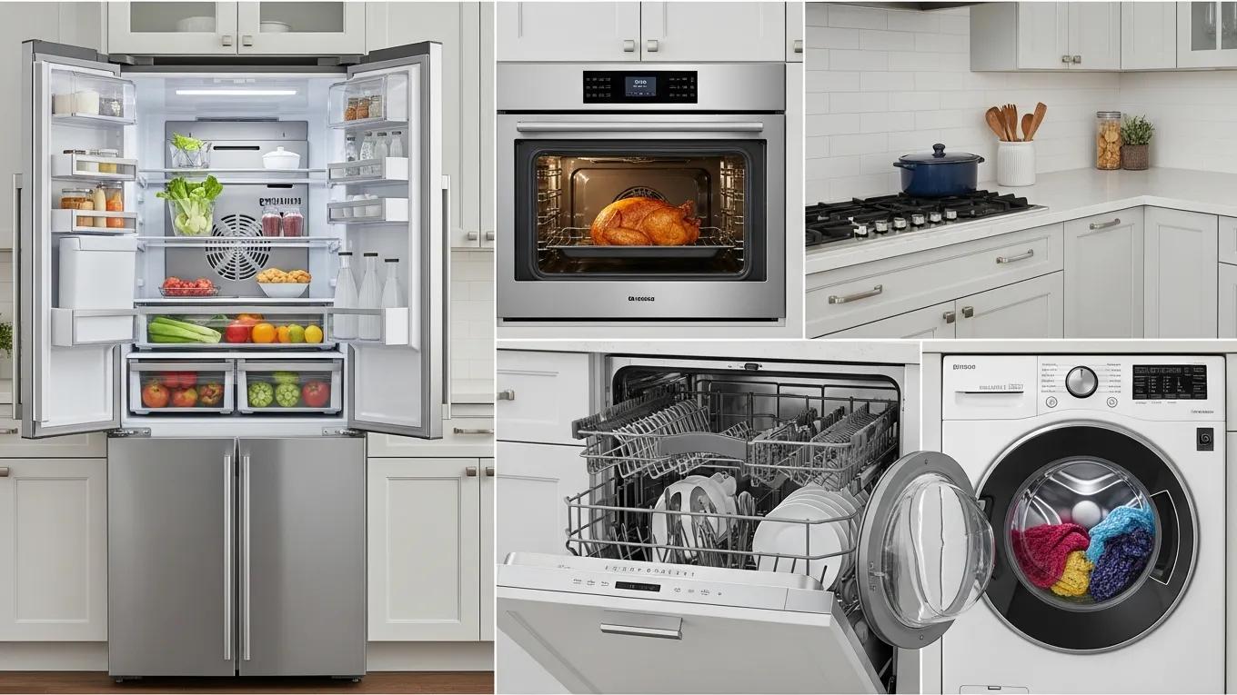 Collage of major household appliances like refrigerator, oven, dishwasher, and washing machine, representing common repairs by licensed technicians