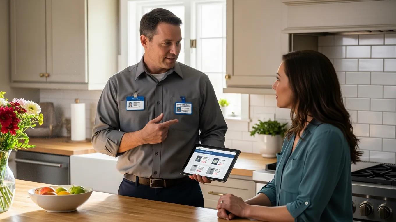 Licensed technician consulting with a homeowner about appliance repair options in a cozy kitchen