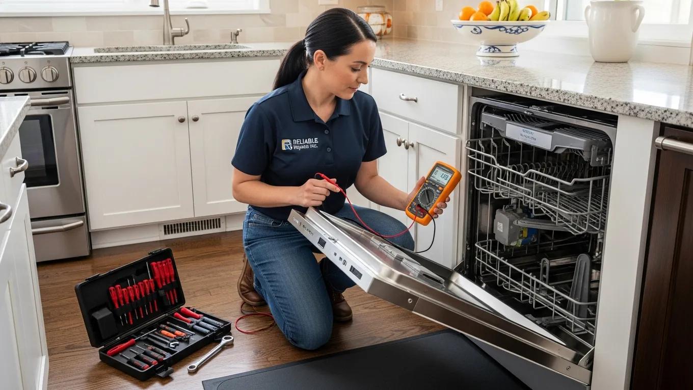 Licensed technician diagnosing an appliance in a home, illustrating the repair process