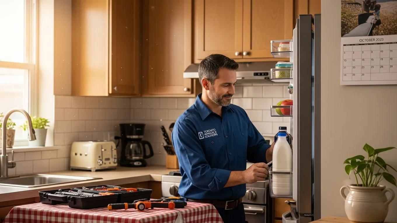Local appliance repair technician working on a refrigerator in a cozy Toronto kitchen