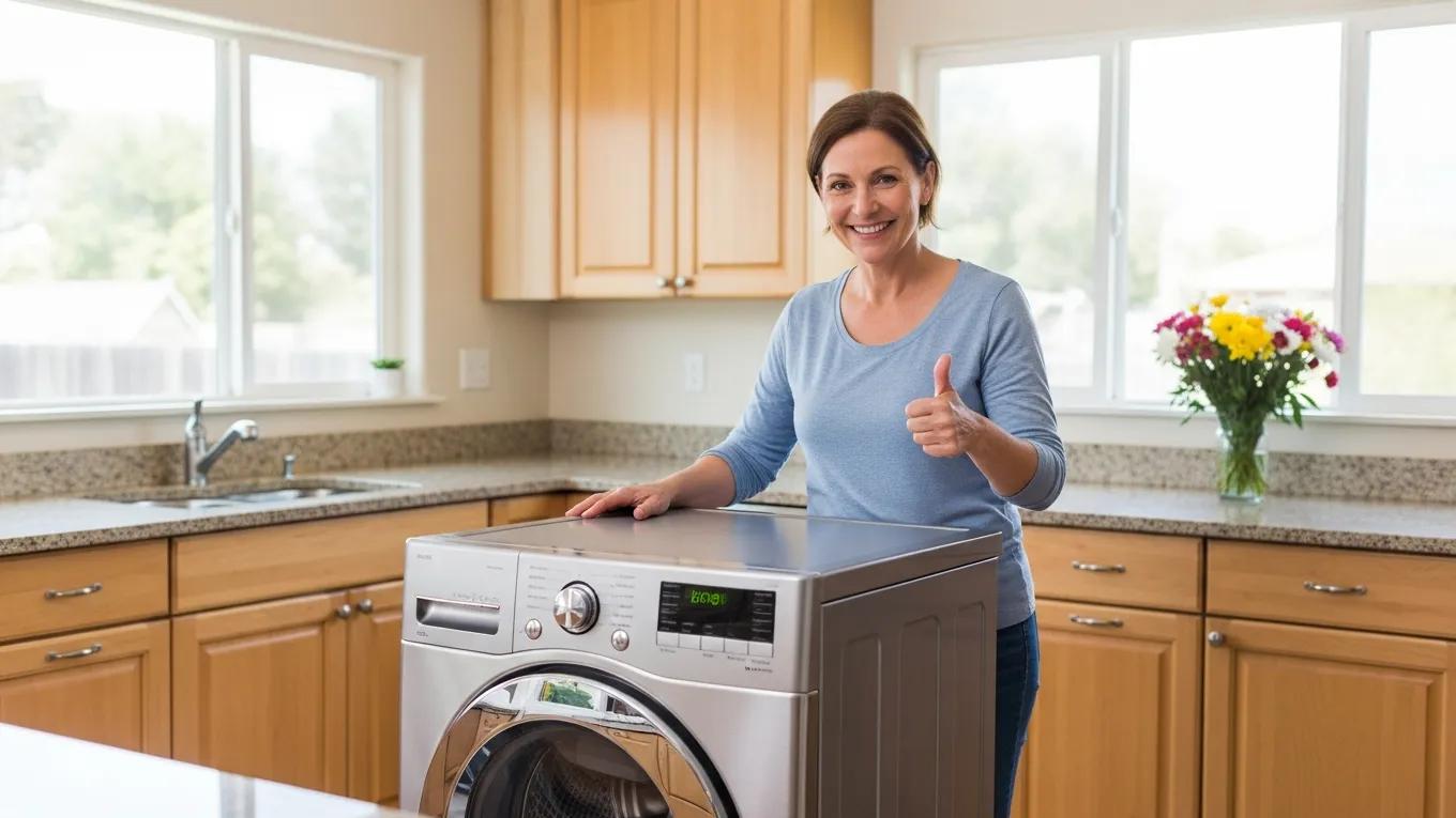 Satisfied customer next to a repaired appliance in a clean kitchen