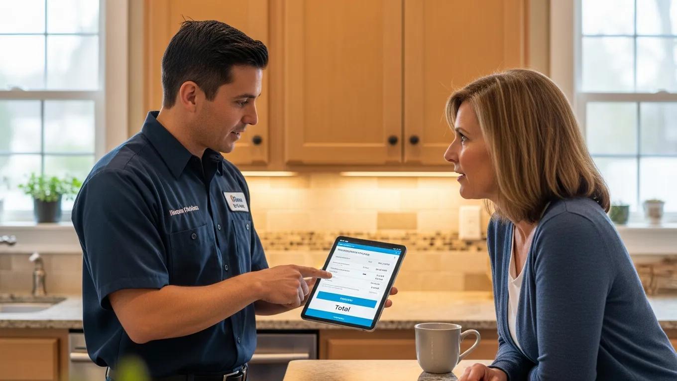 Technician explaining pricing to a homeowner in a cozy kitchen, highlighting transparency in appliance repair costs