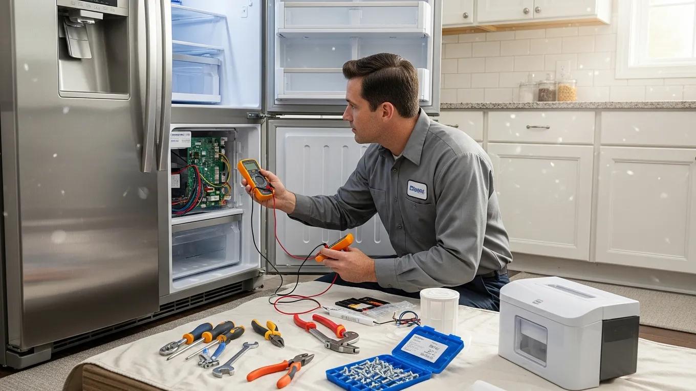 Technician repairing a household appliance in a modern kitchen