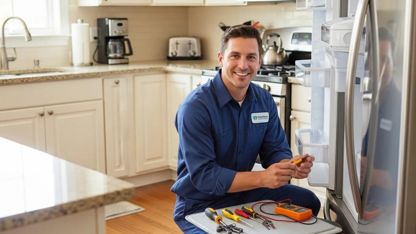 Technician repairing a refrigerator in a bright kitchen, showcasing reliable appliance repair services in Toronto