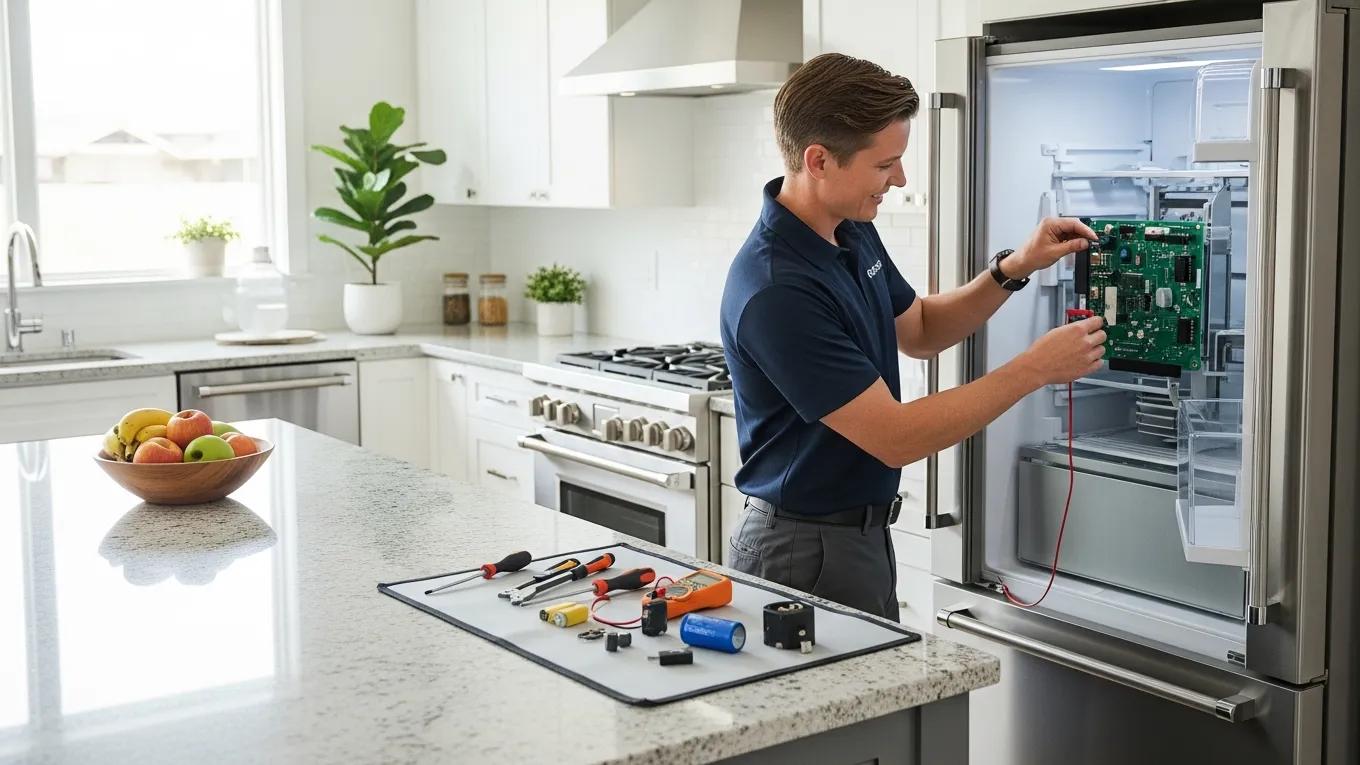 Technician repairing a refrigerator in a modern kitchen, highlighting same day appliance repair services