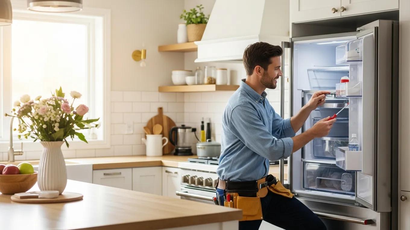 Technician repairing a refrigerator in a modern kitchen, showcasing appliance repair services