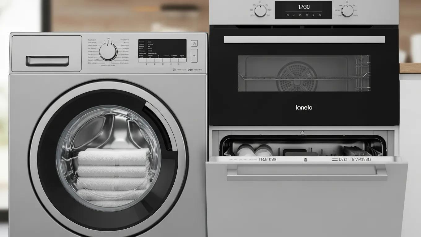 Various household appliances including a washing machine, oven, and dishwasher