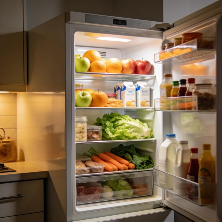 Refrigerator interior with fruits, vegetables, and dairy products โ Appliance Expert Toronto repair.