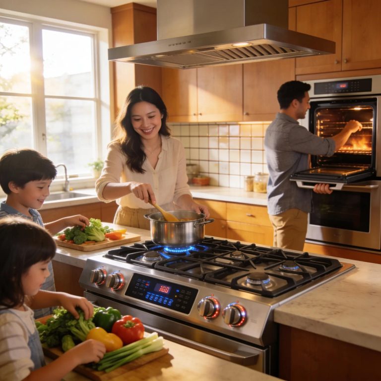 Family in kitchen with gas stove and oven, Appliance Expert repair services.