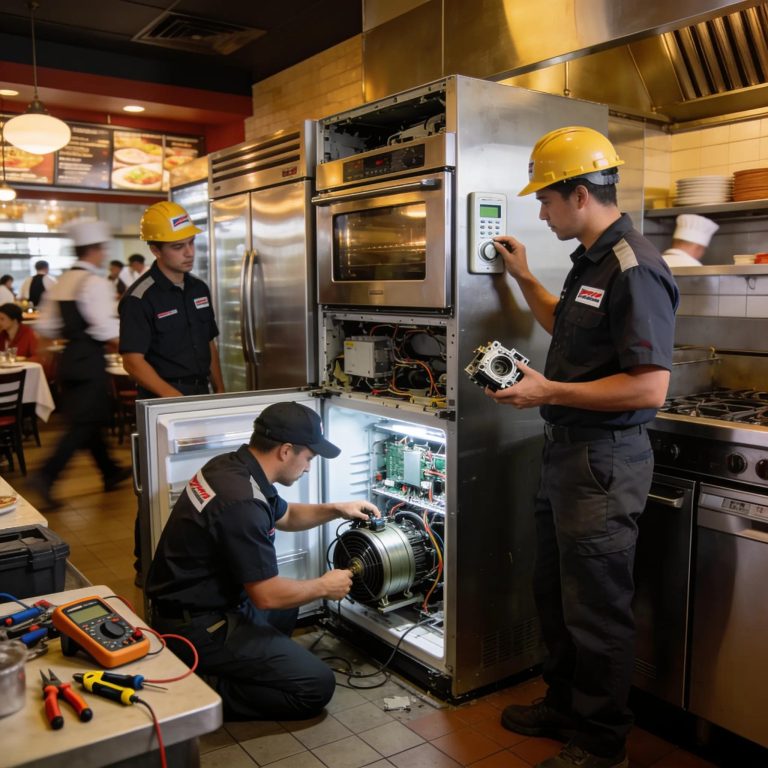 Appliance Expert technicians repairing commercial kitchen refrigerator in Toronto restaurant.