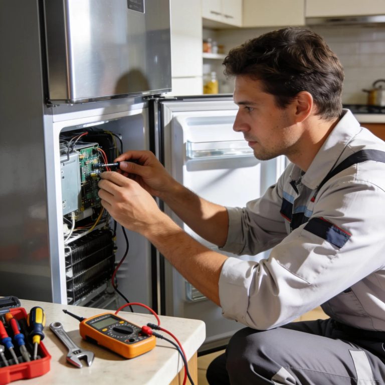 Appliance Expert technician repairing refrigerator in Toronto home